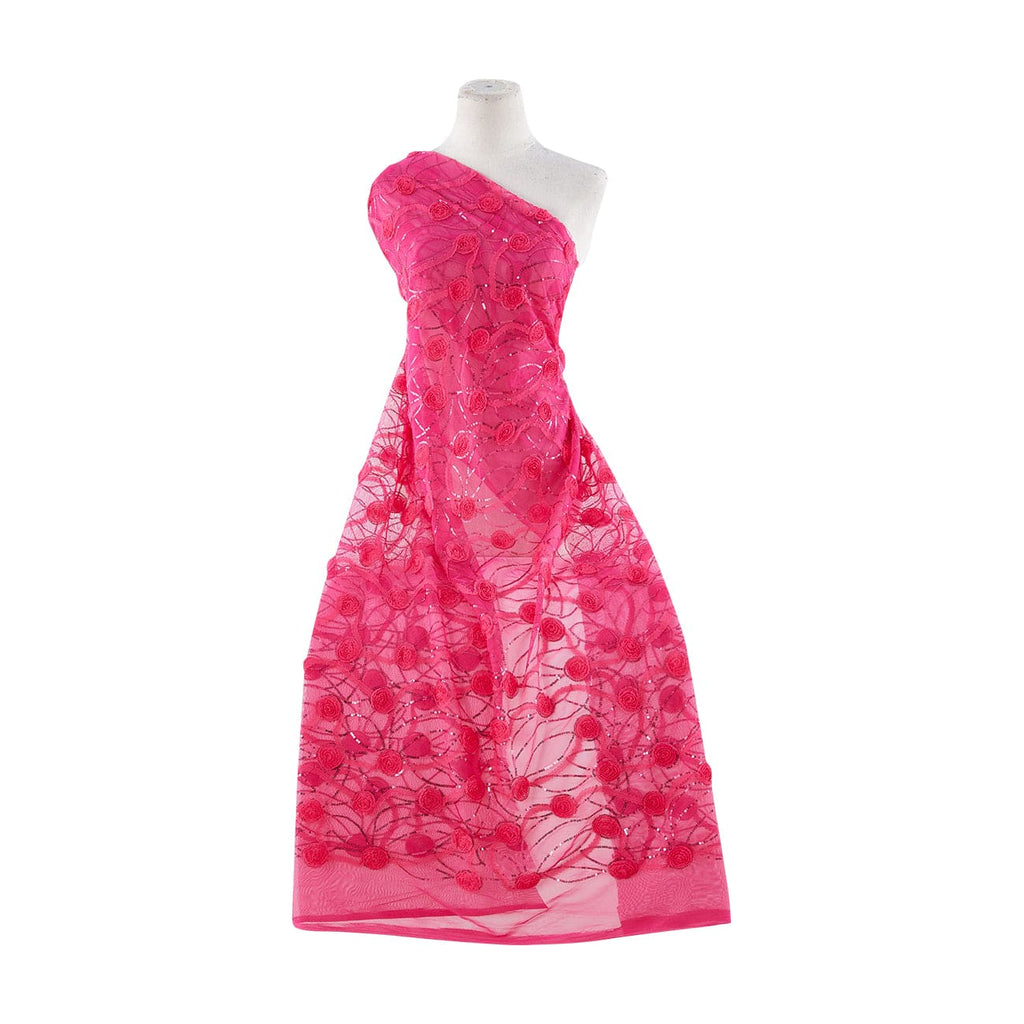 FUCHSIA | 21538-1060 - SOUTACHE ROSES WITH SEQUINS ON TULLE - Zelouf Fabrics