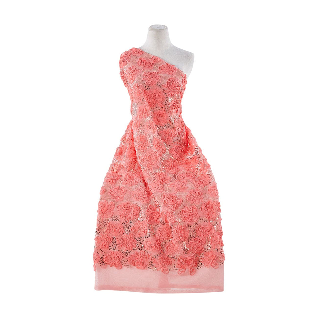 ROSE AND FLOWER SUTASH W/ SEQUINS ON TULLE  | 21554-1060 CORAL - Zelouf Fabrics
