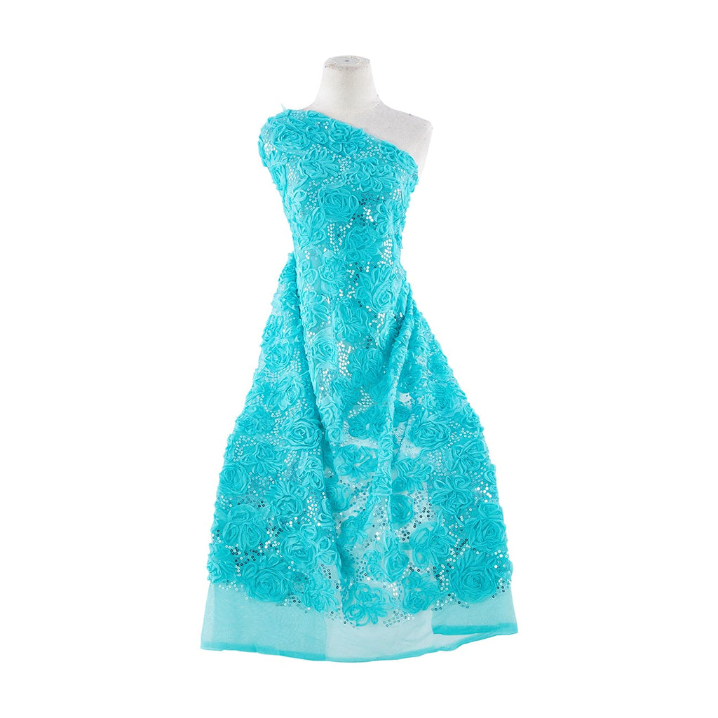 ROSE AND FLOWER SUTASH W/ SEQUINS ON TULLE  | 21554-1060 TEAL - Zelouf Fabrics