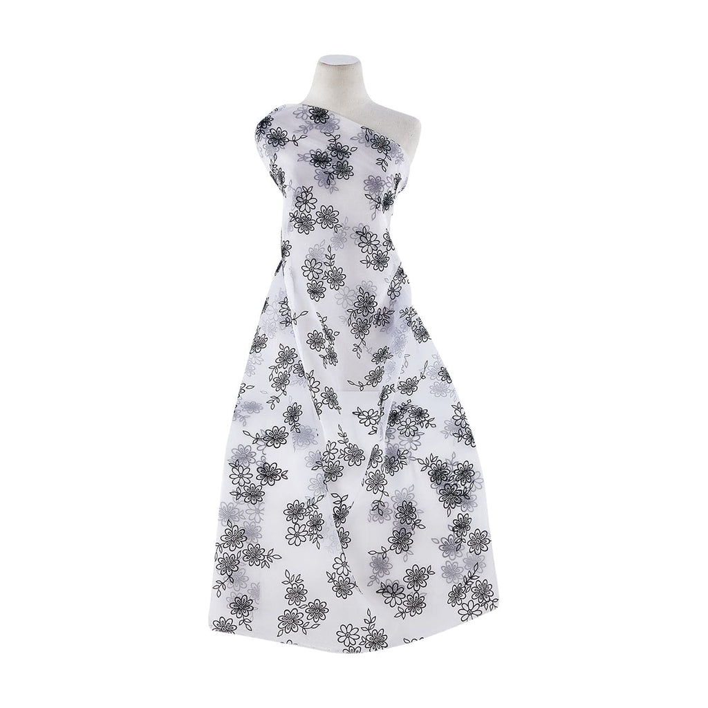 WHITE/BLACK/SILVER | 21594-926 - FLOWER BUNCH FLOCK W/ 1X MIXED GLITTER ON ORGANZA - Zelouf Fabrics