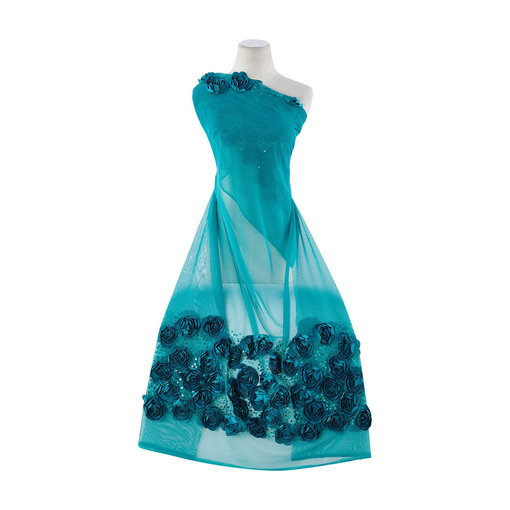 ROSE BUD WITH SEQUINS DOUBLE BORDER ON TULLE  | 21721-1060 TEAL - Zelouf Fabrics