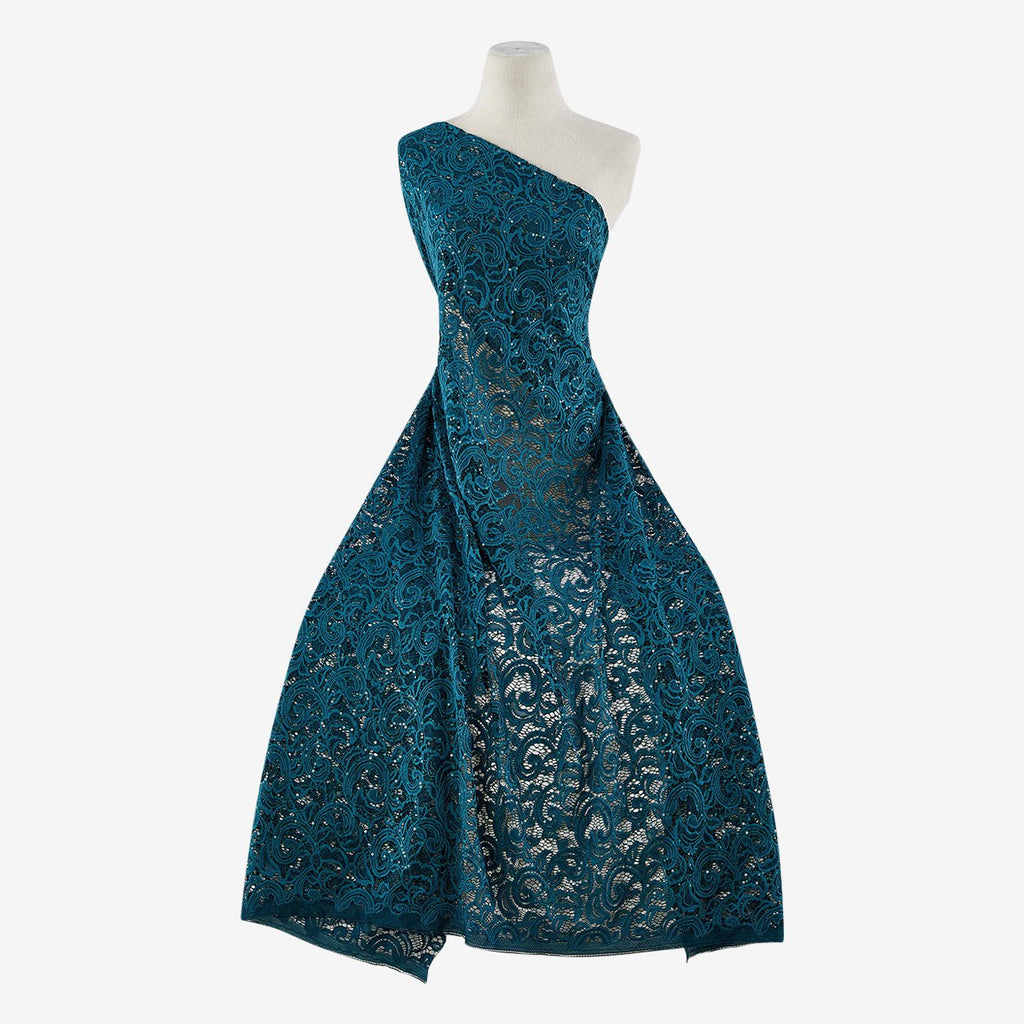 ARRESTING TEAL | 21756-BLUE - JACQUARD NET STRETCH LACE WITH SEQUINS - Zelouf Fabrics