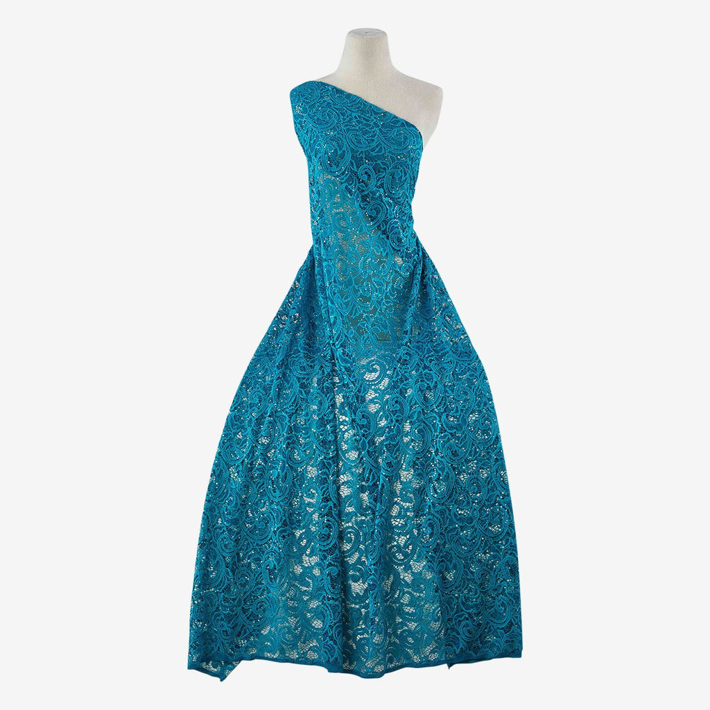 TEAL DRAMA | 21756-BLUE - JACQUARD NET STRETCH LACE WITH SEQUINS - Zelouf Fabrics