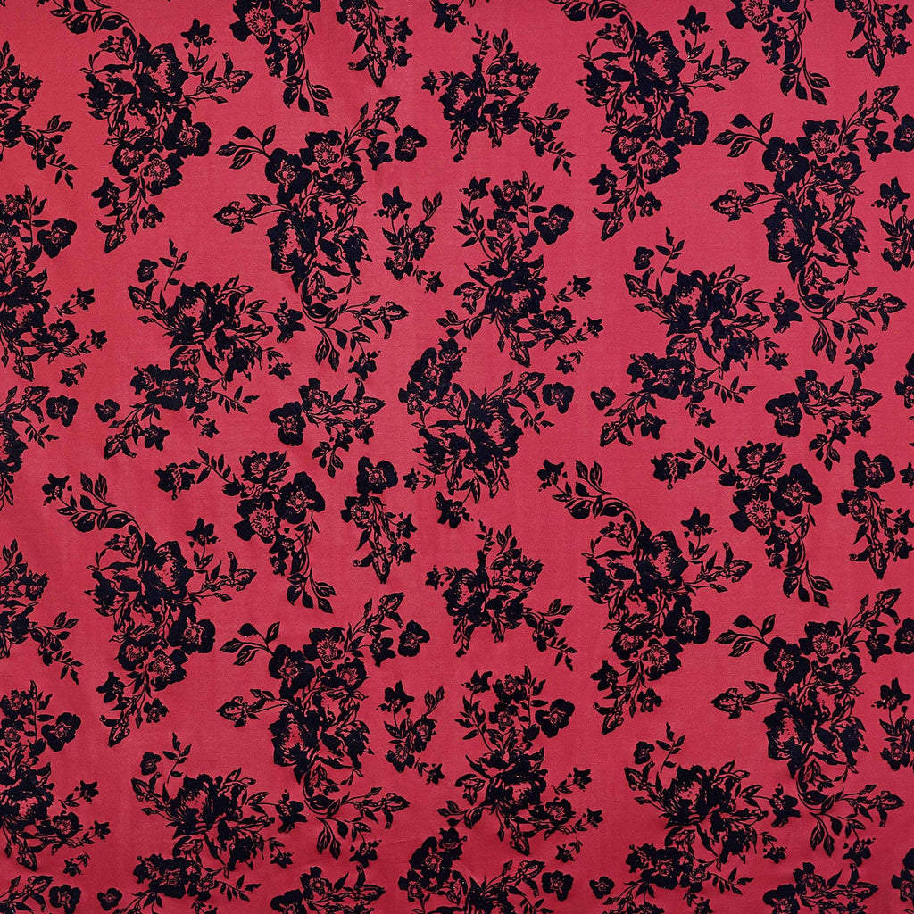 CONTRAST FLORAL FLOCKED SCUBA  | 22046-5566 MERLOT/BLACK - Zelouf Fabrics
