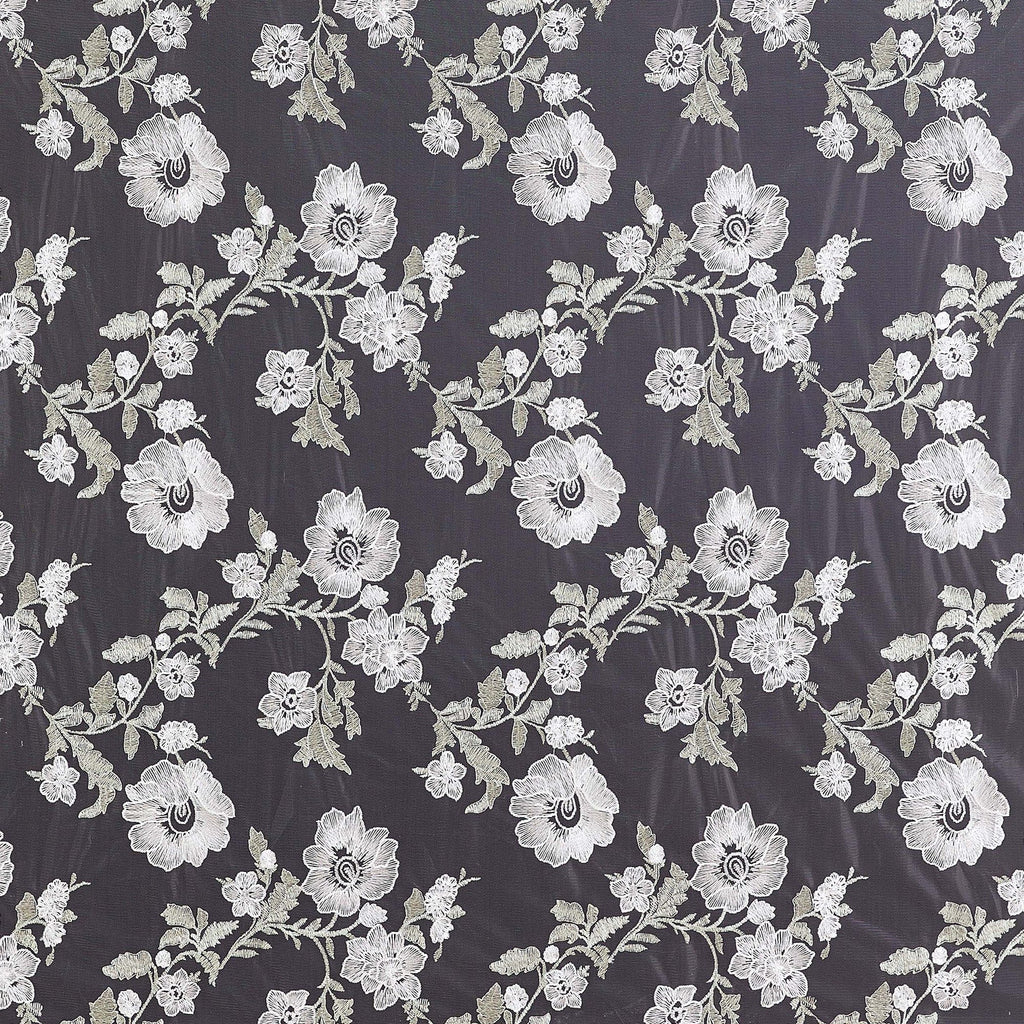 FLOWER EMBROIDERY ON PRINTED FLORAL TULLE  | 22101-2TONE SAGE COMBO - Zelouf Fabrics