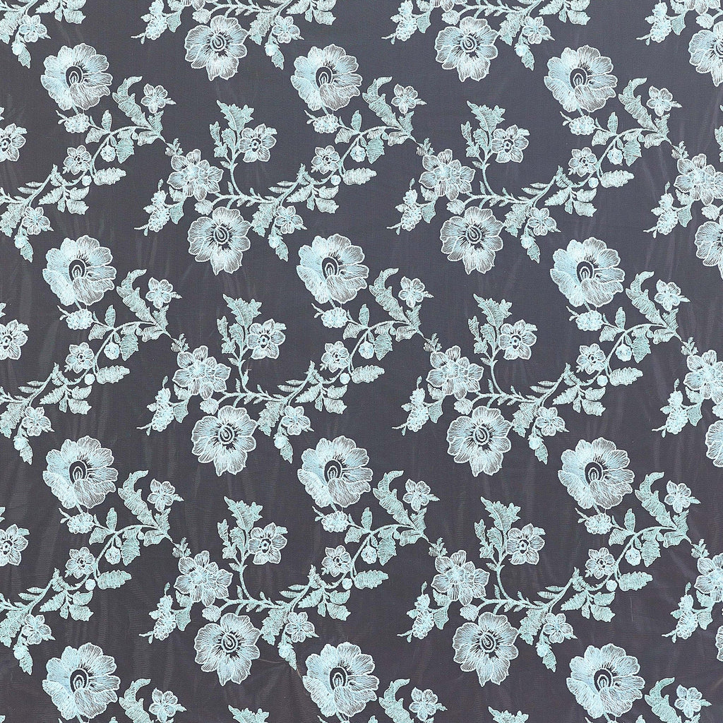 FLOWER EMBROIDERY ON PRINTED FLORAL TULLE  | 22101-2TONE SEAFOAM COMBO - Zelouf Fabrics