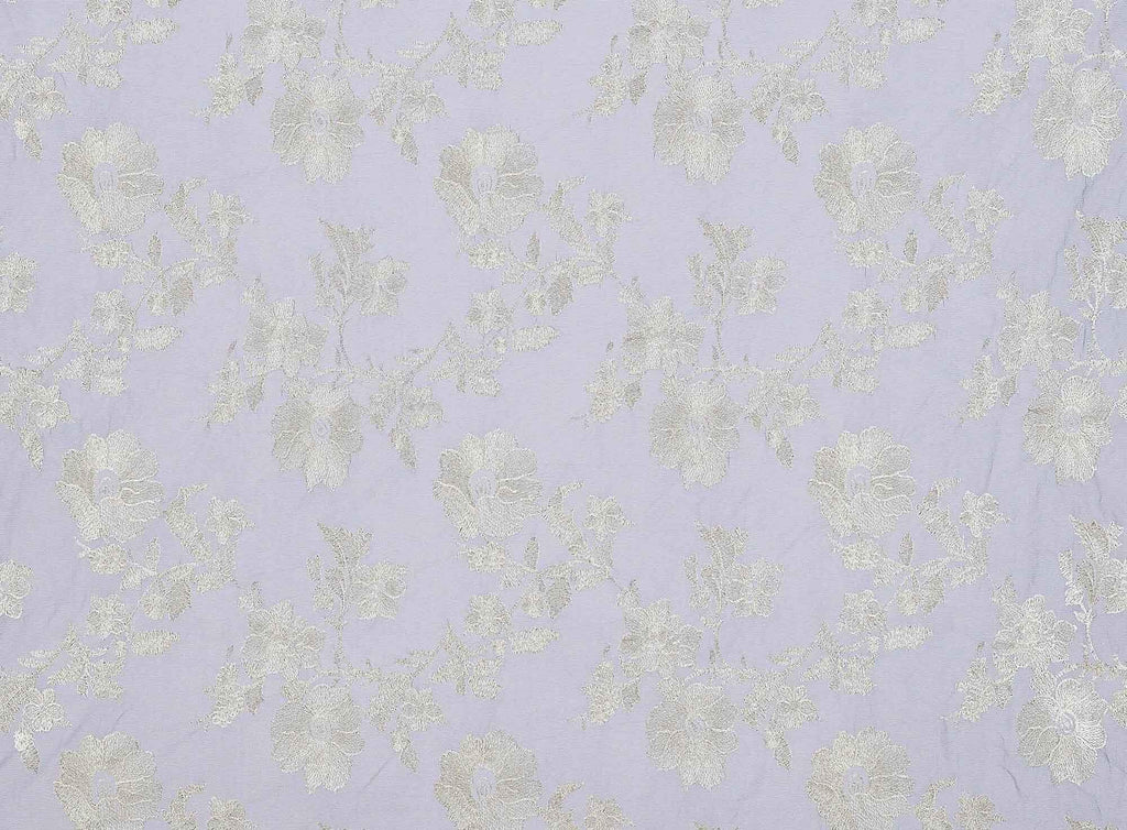 FLOWER EMBROIDERY ON PRINTED FLORAL TULLE  | 22101 SILVER/SILVER - Zelouf Fabrics