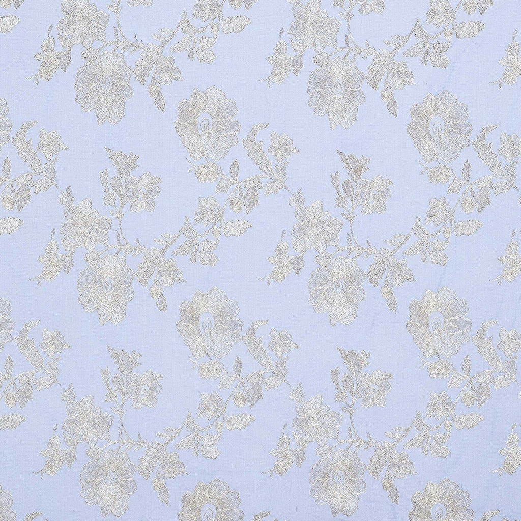 FLOWER EMBROIDERY ON PRINTED FLORAL TULLE  | 22101 CHAMPAGNE/NAVY - Zelouf Fabrics