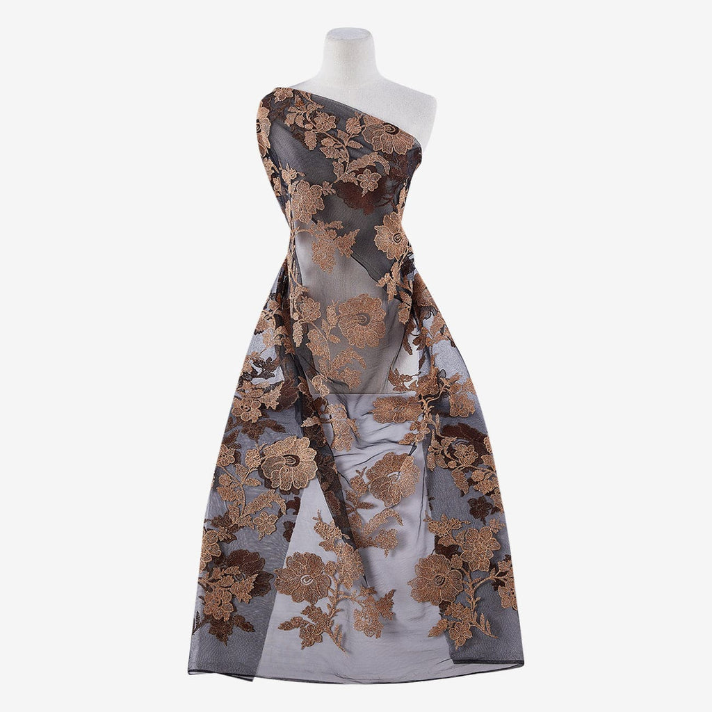 COPPER/BLACK | 22101 - FLOWER EMBROIDERY ON PRINTED FLORAL TULLE - Zelouf Fabrics