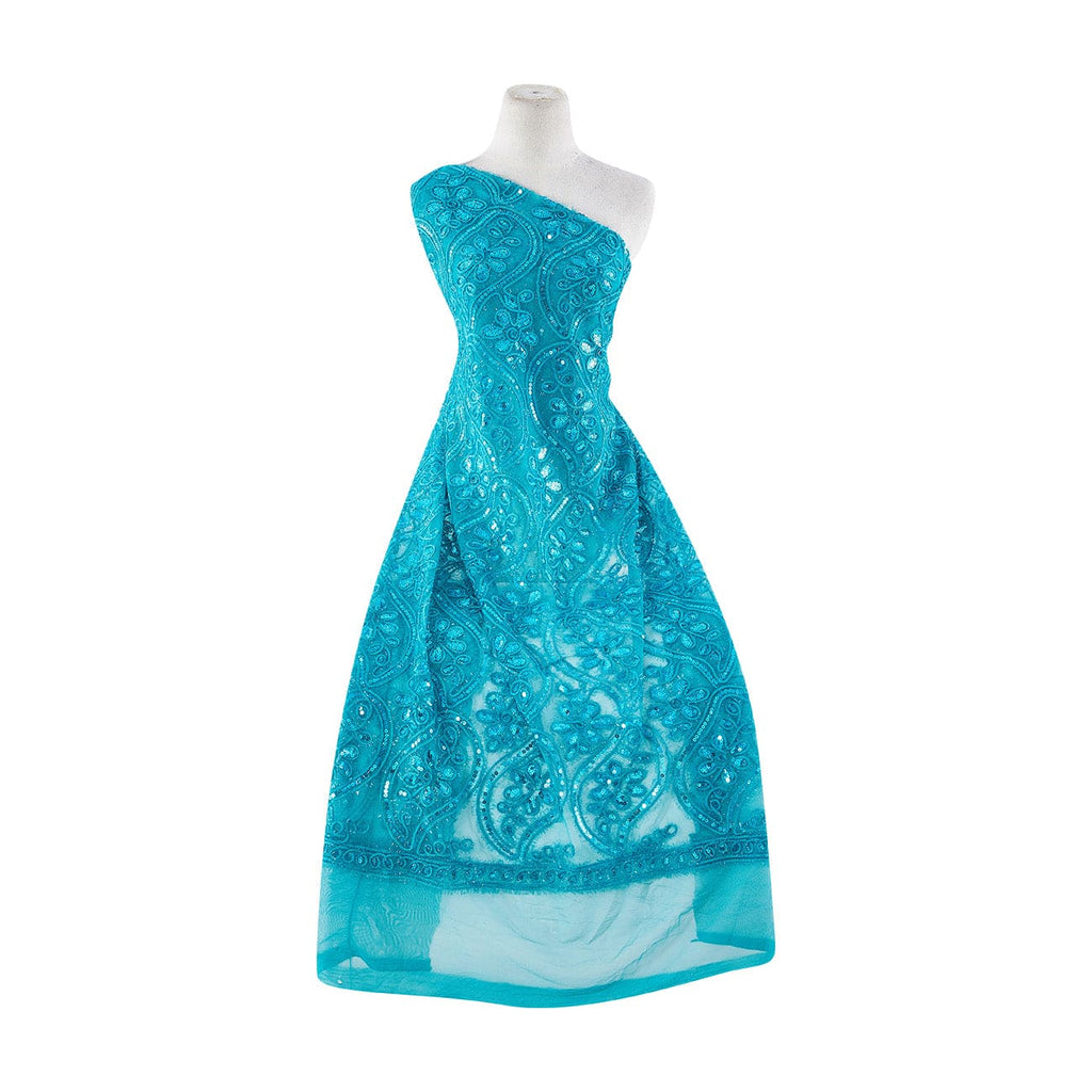 SEQUIN & FRILL EMBROIDERY ON TULLE W/ Extend Mesh  | 22565 MOD TEAL - Zelouf Fabrics