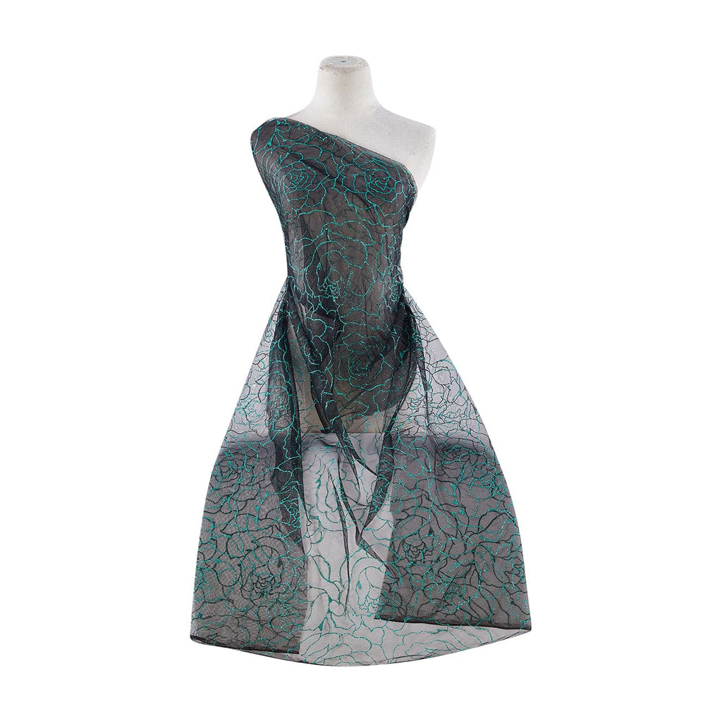CARRINE FLORAL GLITTER ON TULLE  | 22744 BLACK/GREEN - Zelouf Fabrics