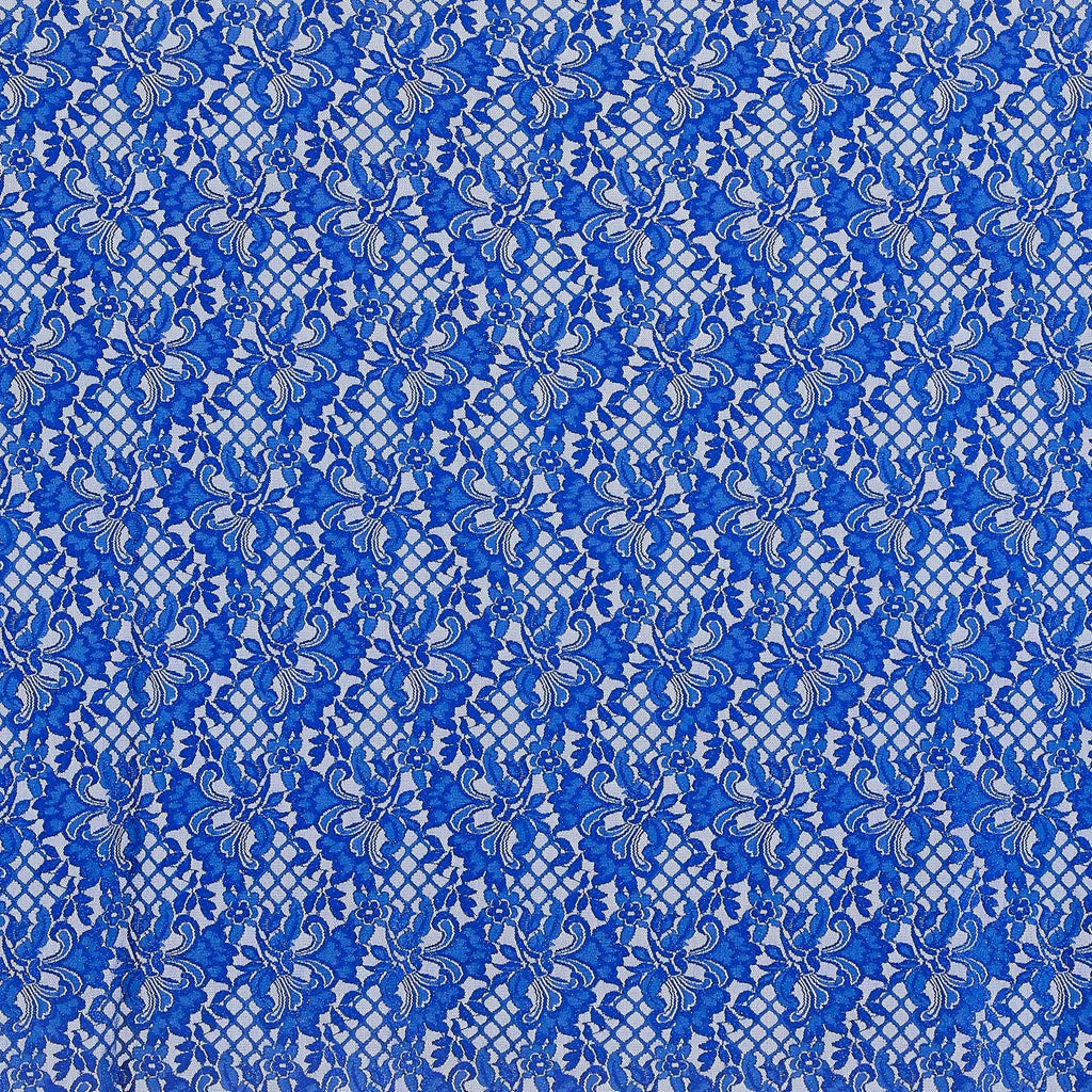 ARRESTING ROYAL | 23274SC-GLIT-BLUE - TITAN FLORAL STRETCH GLITTER LACE SCALLOP - Zelouf Fabrics