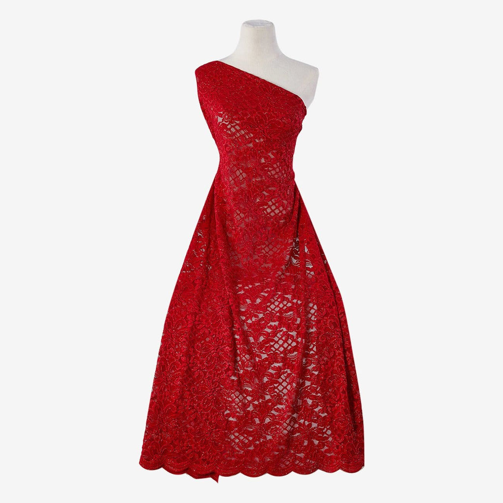 RUBY DELIGHT | 23274SC-GLIT-RED - TITAN FLORAL STRETCH GLITTER LACE SCALLOP - Zelouf Fabrics