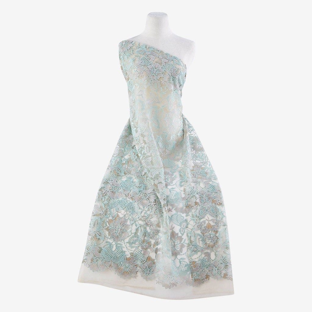 AQUA/SILVER | 23349-MET - FOREVER FLORAL METALLIC LACE EMBROIDERY ON MESH - Zelouf Fabric