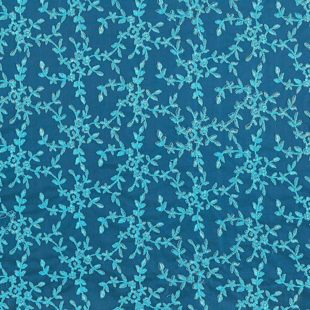 AUDACIOUS TEAL | 23719 - SERA FLORAL CORDING LACE ON TULLE - Zelouf Fabric