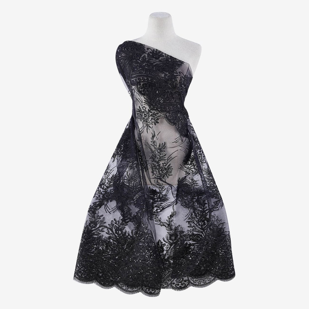 BLACK | 23720 - TERA FLORAL CORDING ON TULLE W/TRANS - Zelouf Fabric