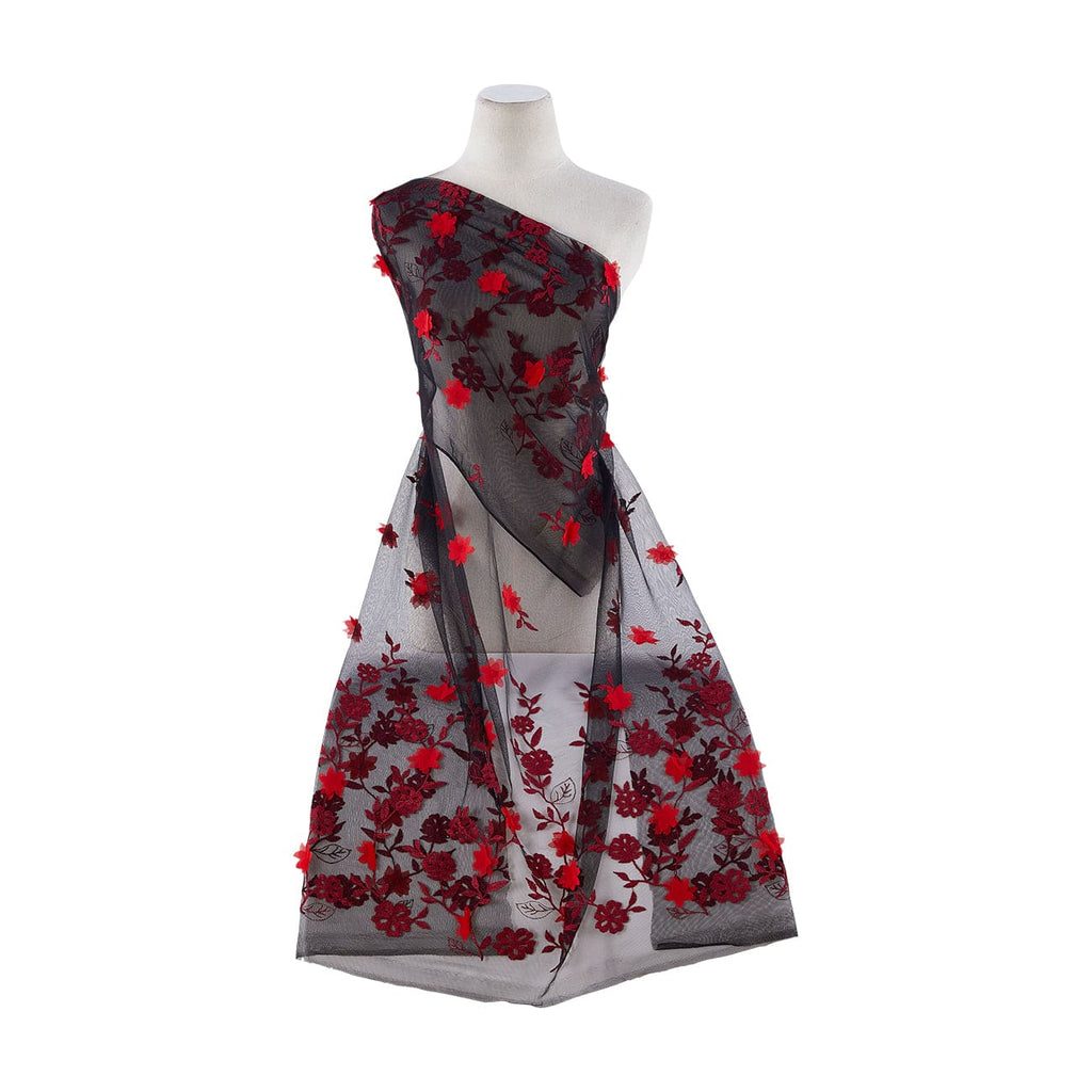 JUNIE EMBROIDERED 3D FLOWER ON MESH  | 23757 BLK/RED/SCARLET - Zelouf Fabrics