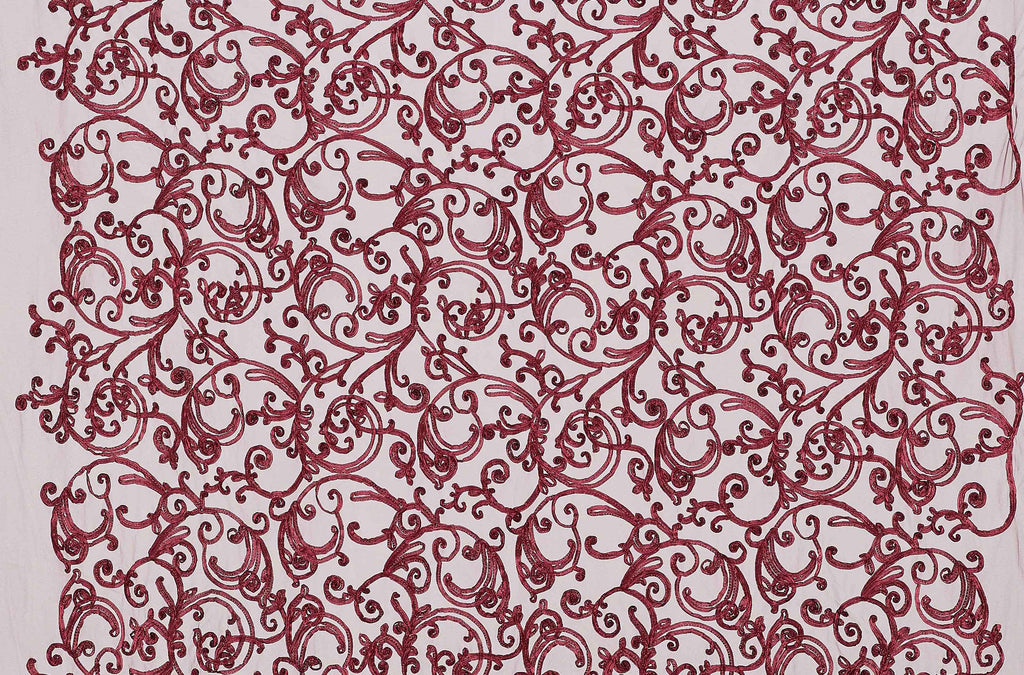 PRIME RIBBON EMBROIDERY ON MESH  | 23917 MERLOT DELIGHT - Zelouf Fabrics