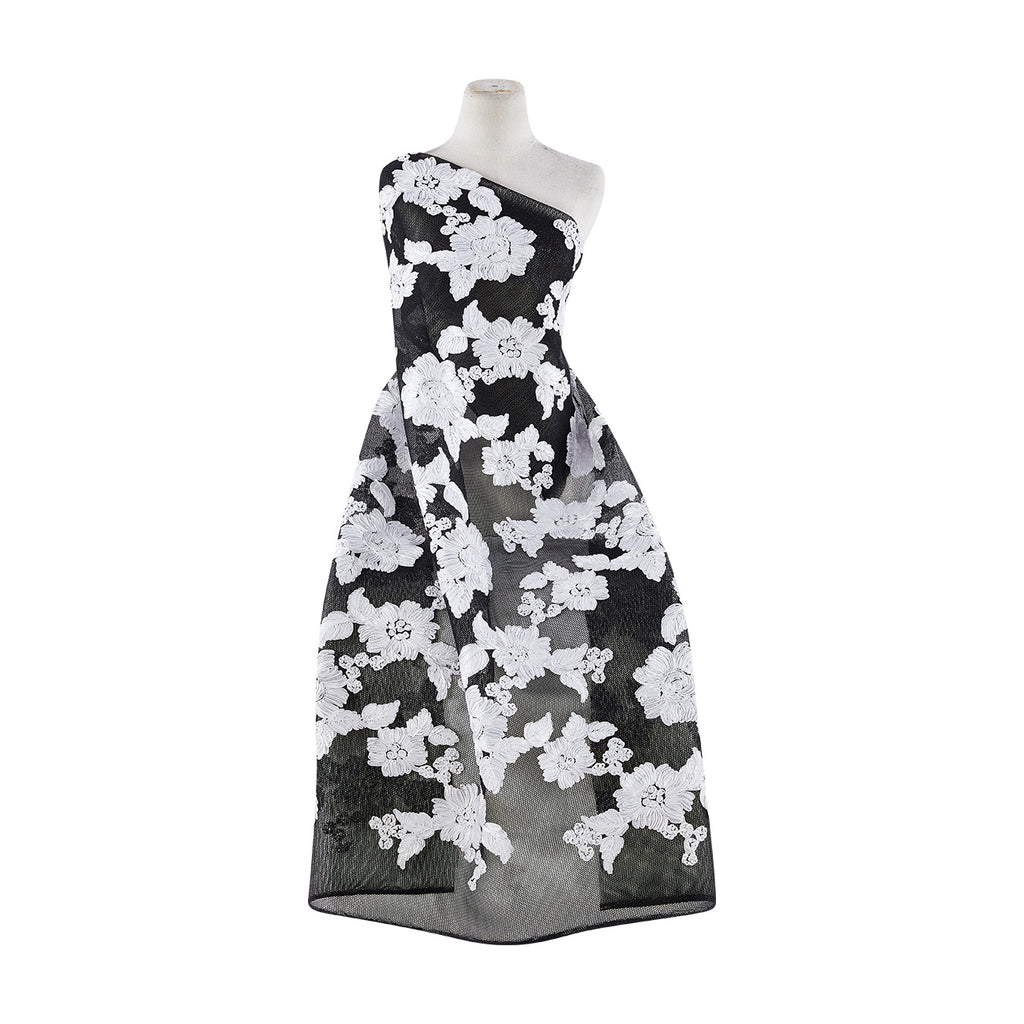 JULY RIBBON FLORAL EMBROIDERY ON 3D MESH  | 24112 BLACK/WHITE - Zelouf Fabrics
