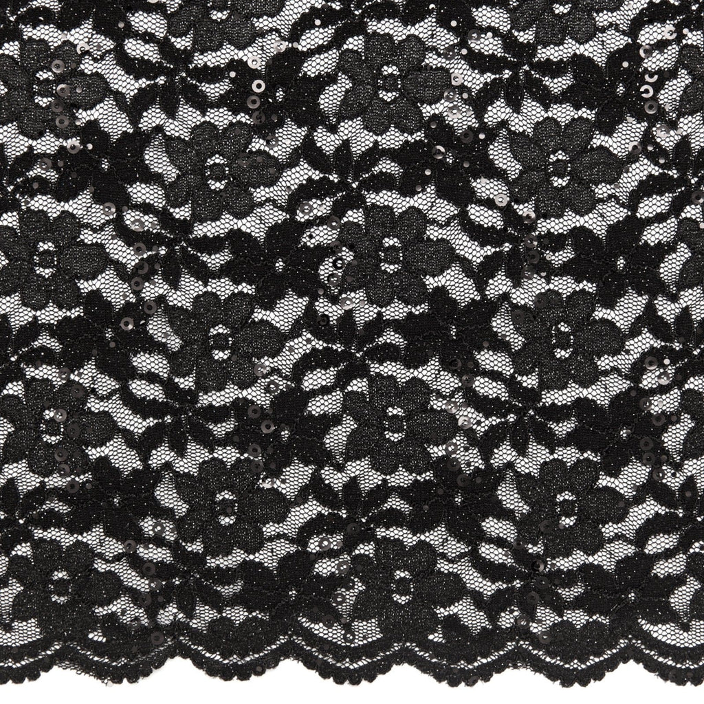 BLACK | 24148-BLACK - ENJOY FLORAL LACE W/GLITTER & TRANS SCALLOP - Zelouf Fabrics