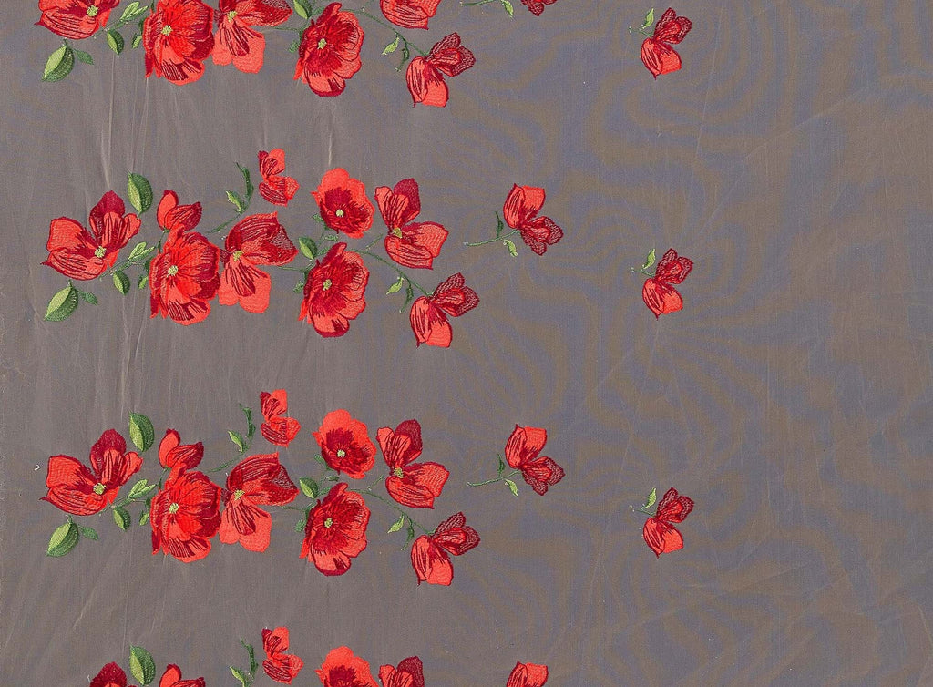 SCARLET/SAND | 24190 - GENIA EMBROIDERED FLORAL ON MESH - Zelouf Fabrics