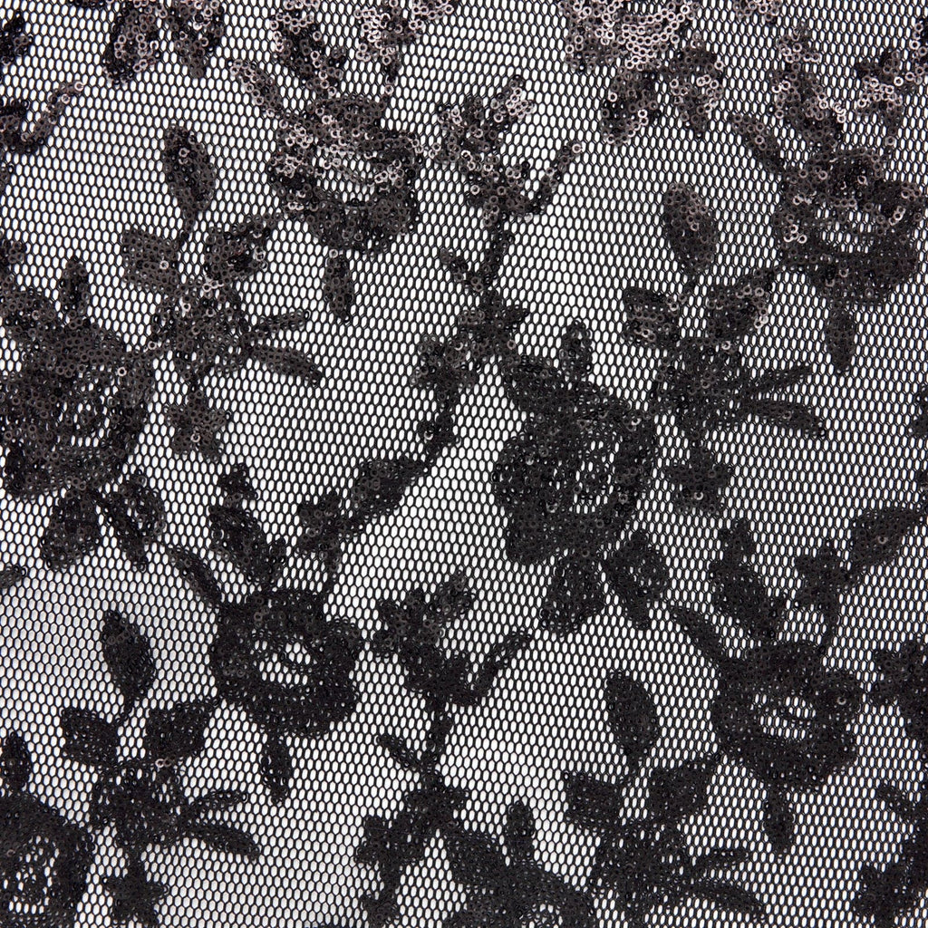 IDEALY SEQUIN FLORAL EMBROIDERY ON 3D MESH  | 24447 BLACK/BLACK - Zelouf Fabrics