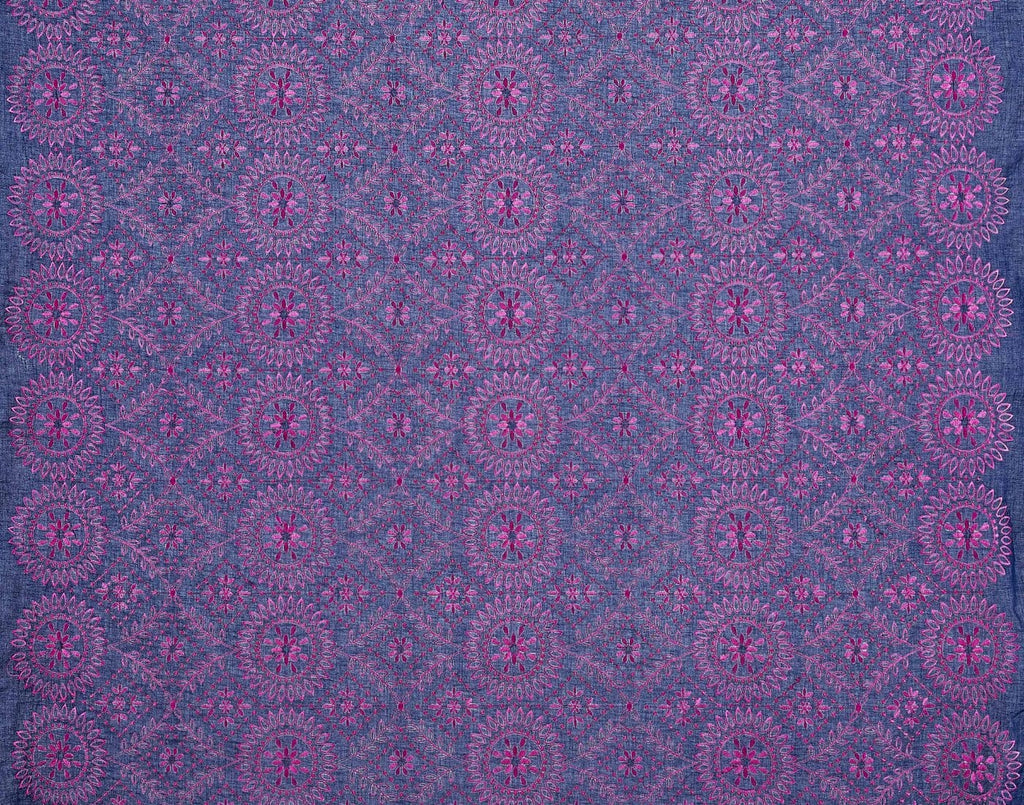 DENIM/FUCHSIA | 24832-VOILE - SPARKS GEO EMBROIDERY COTTON VOILE - Zelouf Fabric