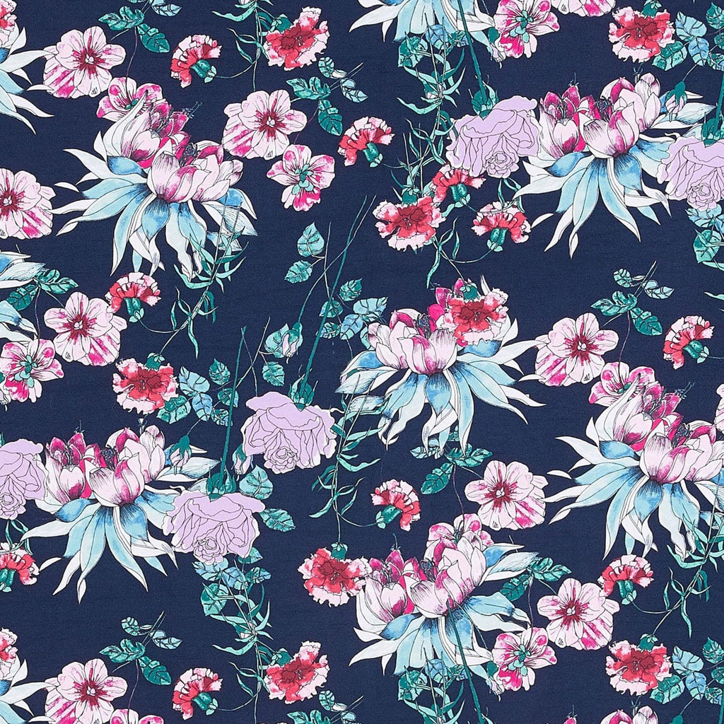 NAVY COMBO | 24873-5724DP - DU JOUR OUTLINE FLORAL SHANTUNG - Zelouf Fabric