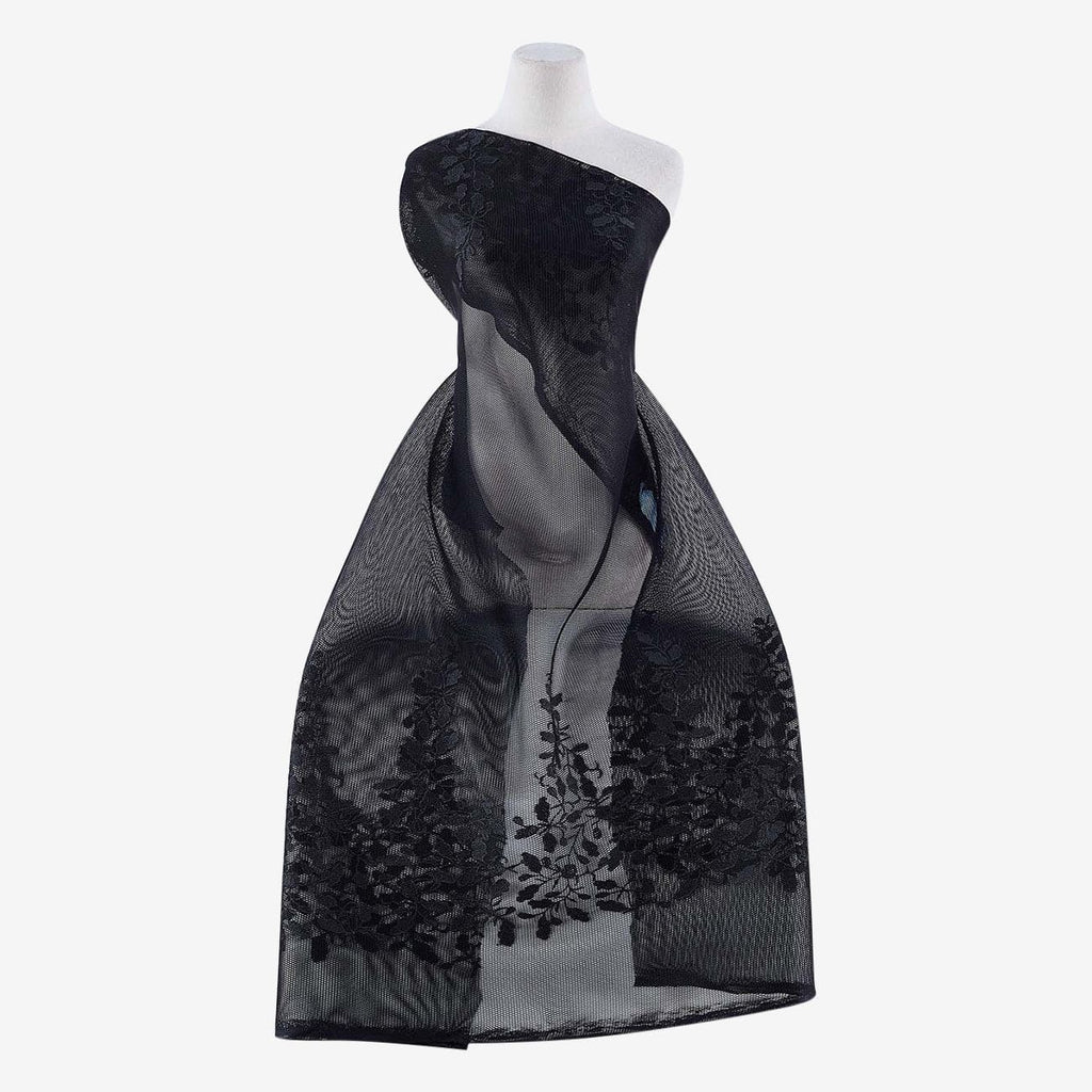 BLACK | 24881 - ROSEBUD DOUBLE BORDER EMBROIDERY 3D MESH - Zelouf Fabric