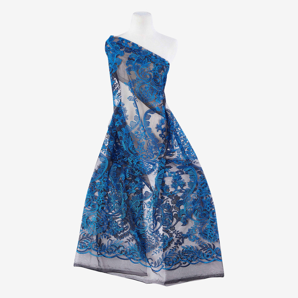 BLACK/COBALT | 25147 - MILAN METALLIC YARN EMB ON MESH - Zelouf Fabrics