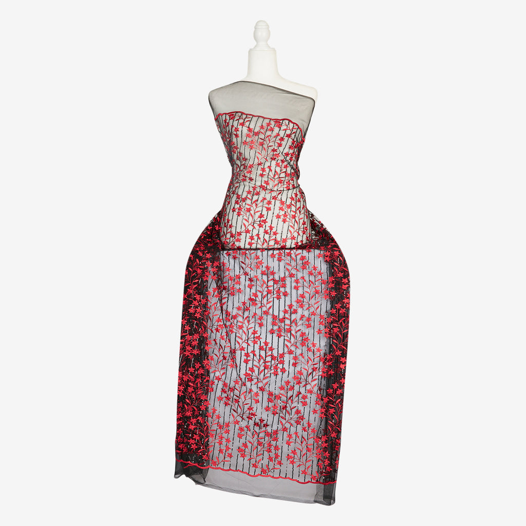 RED COMBO | 25211 - ALEXANDRIA VINE SEQUIN FLOWER EMB MESH - Zelouf Fabrics