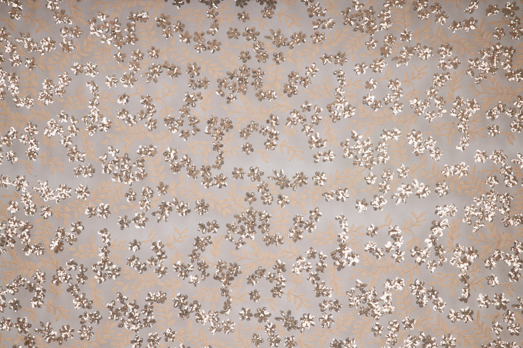ALMOND | 25212 - MONROVIA SEQUIN FLOWER EMB ON LACE MESH - Zelouf Fabrics