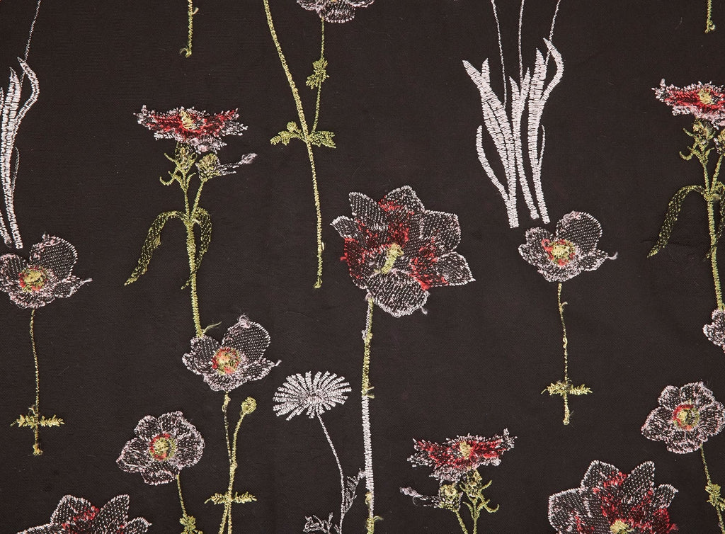 QUINCE/BLACK | 24778 - WAVE HILL EMBROIDERY LINEAR FLORAL MESH - Zelouf Fabrics