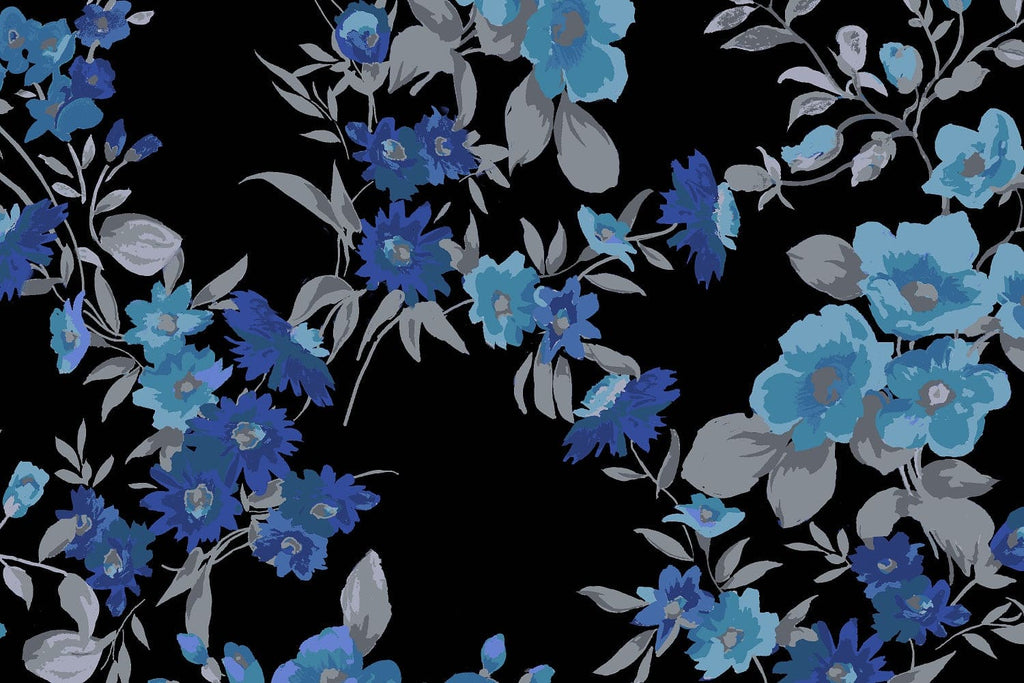 WILLOW FLORAL PRINT ON VELVET  | 25305-323DP BLACK/BLUE - Zelouf Fabrics