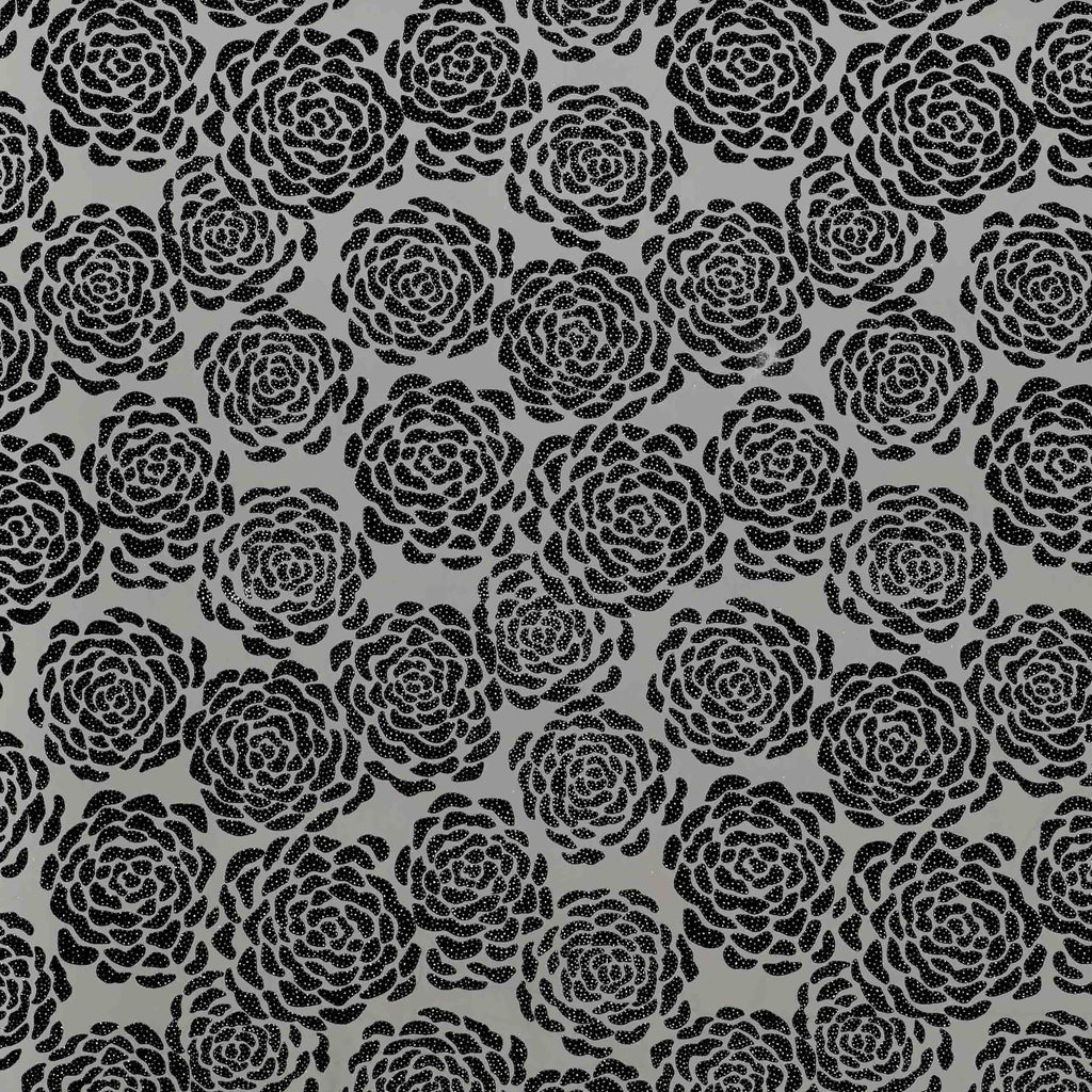 BLACK/SILVER | 25328 - GLITTER FLOCK ROSE MESH - Zelouf Fabrics
