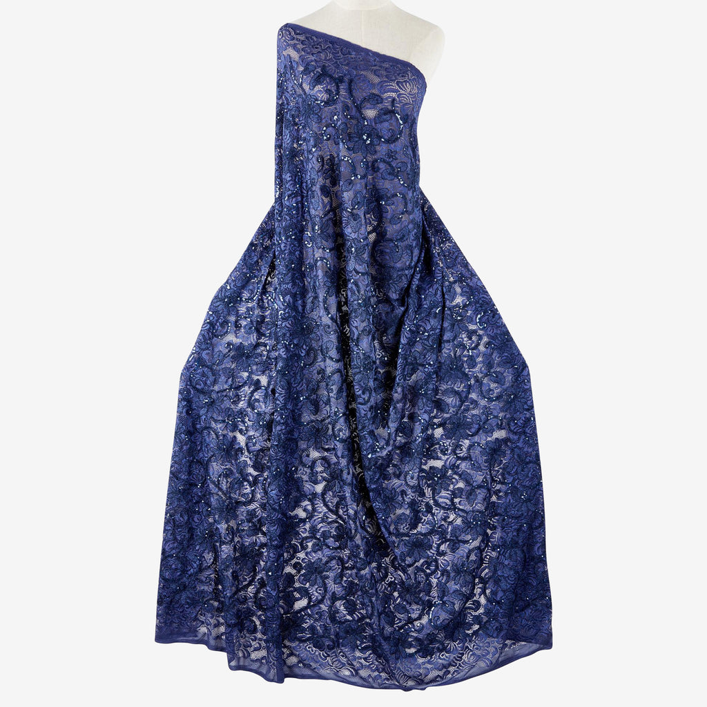FRANNY FLORAL SEQUIN CORDED STRETCH LACE  | 25400 NAVY ALLURE - Zelouf Fabrics