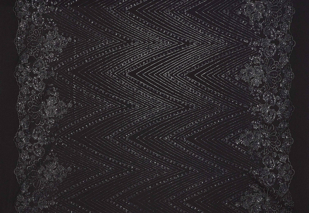 BLACK/BLACK | 25431 - ANNETTE SINGLE BORDER SEQUIN EMBROIDERY SCUBA CREPE - Zelouf Fabrics