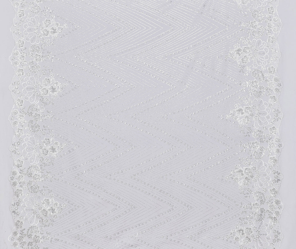 IVORY/SILVER | 25431 - ANNETTE SINGLE BORDER SEQUIN EMBROIDERY SCUBA CREPE - Zelouf Fabrics
