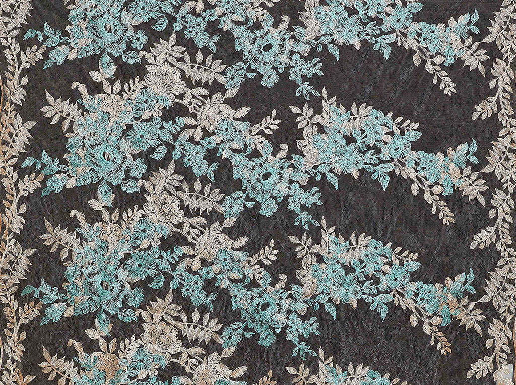 CHAMPAGNE/SEA | 25459 - CRYSTAL FLORAL EMBROIDERY MESH - Zelouf Fabrics