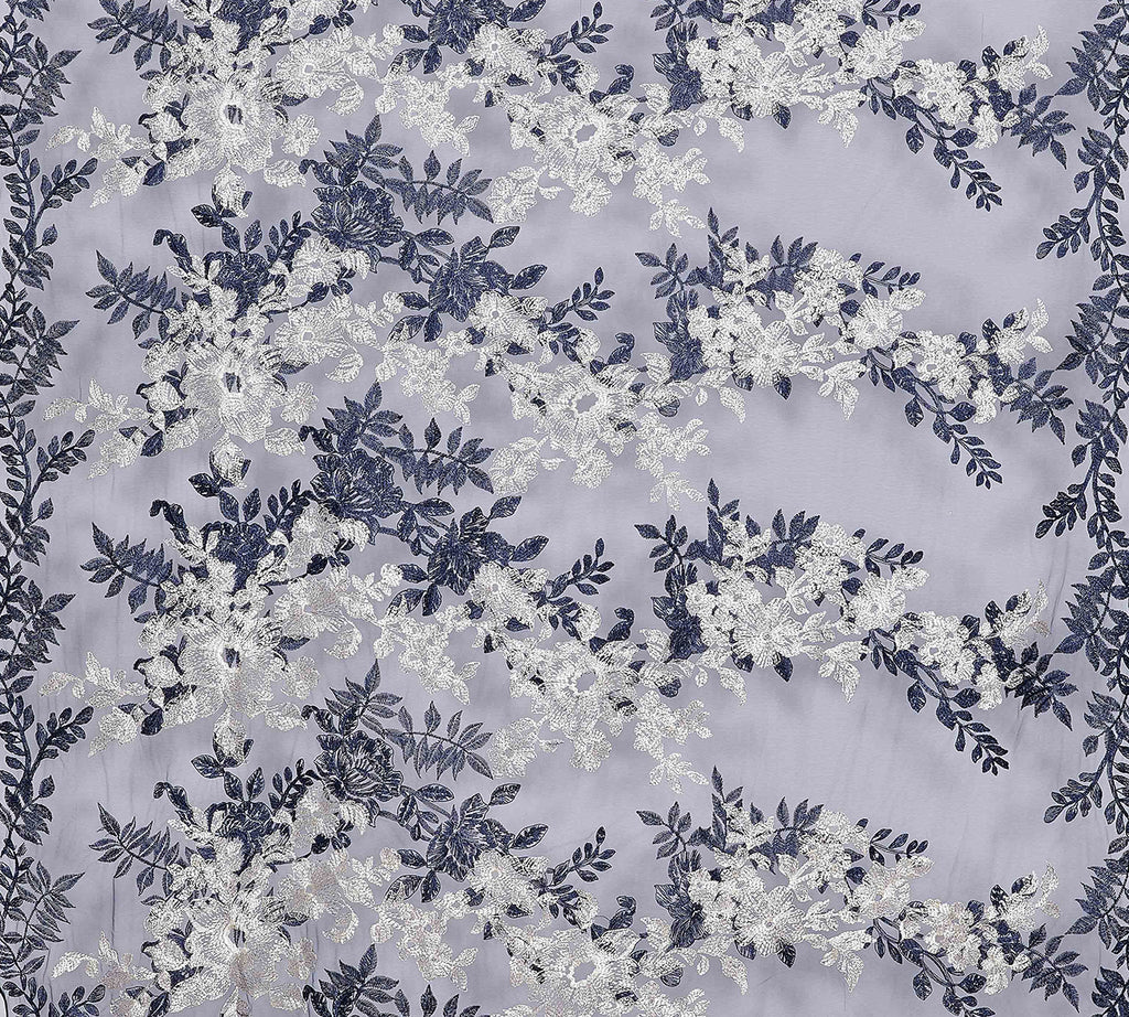 NAVY/IVORY | 25459 - CRYSTAL FLORAL EMBROIDERY MESH - Zelouf Fabrics