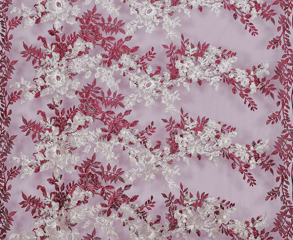 WINE/IVORY | 25459 - CRYSTAL FLORAL EMBROIDERY MESH - Zelouf Fabrics