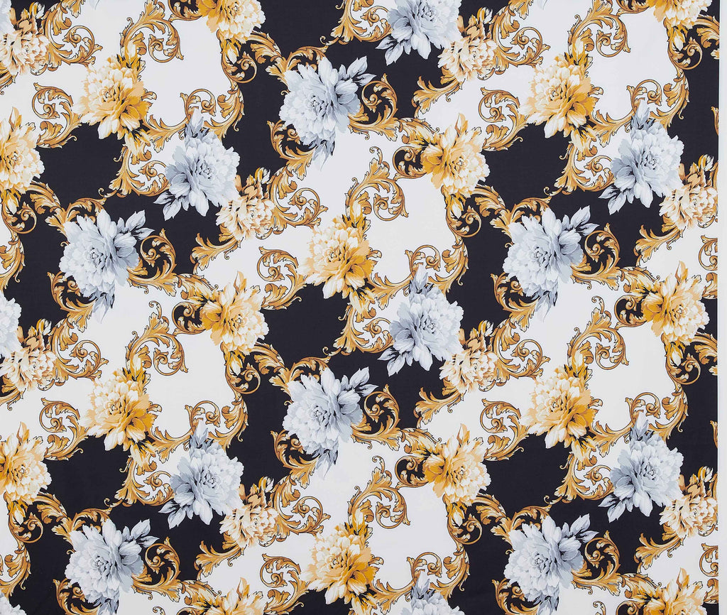 SILVER/GOLD | 25492-5631DP - TINA FLORAL SCROLL PRINT SCUBA - Zelouf Fabrics