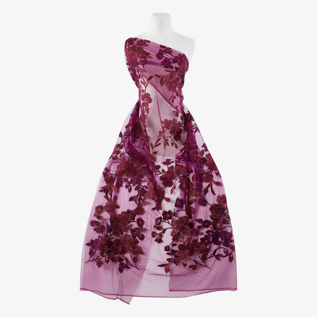 BURGUNDY/WINE | 25581-1060 - ASHLEY CORDED FLORAL EMBROIDERY MESH - Zelouf Fabrics