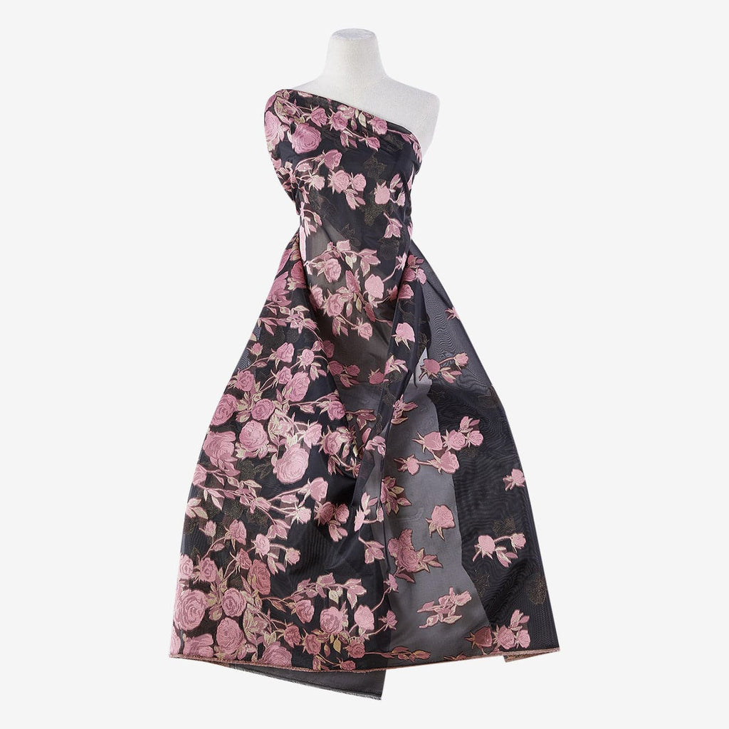 SINGLE ROSE BORDER ORGANZA JACQUARD  | 25674 BLACK/ROSE - Zelouf Fabrics