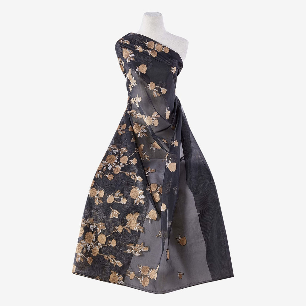 SINGLE ROSE BORDER ORGANZA JACQUARD  | 25674 BLACK/TAUPE - Zelouf Fabrics