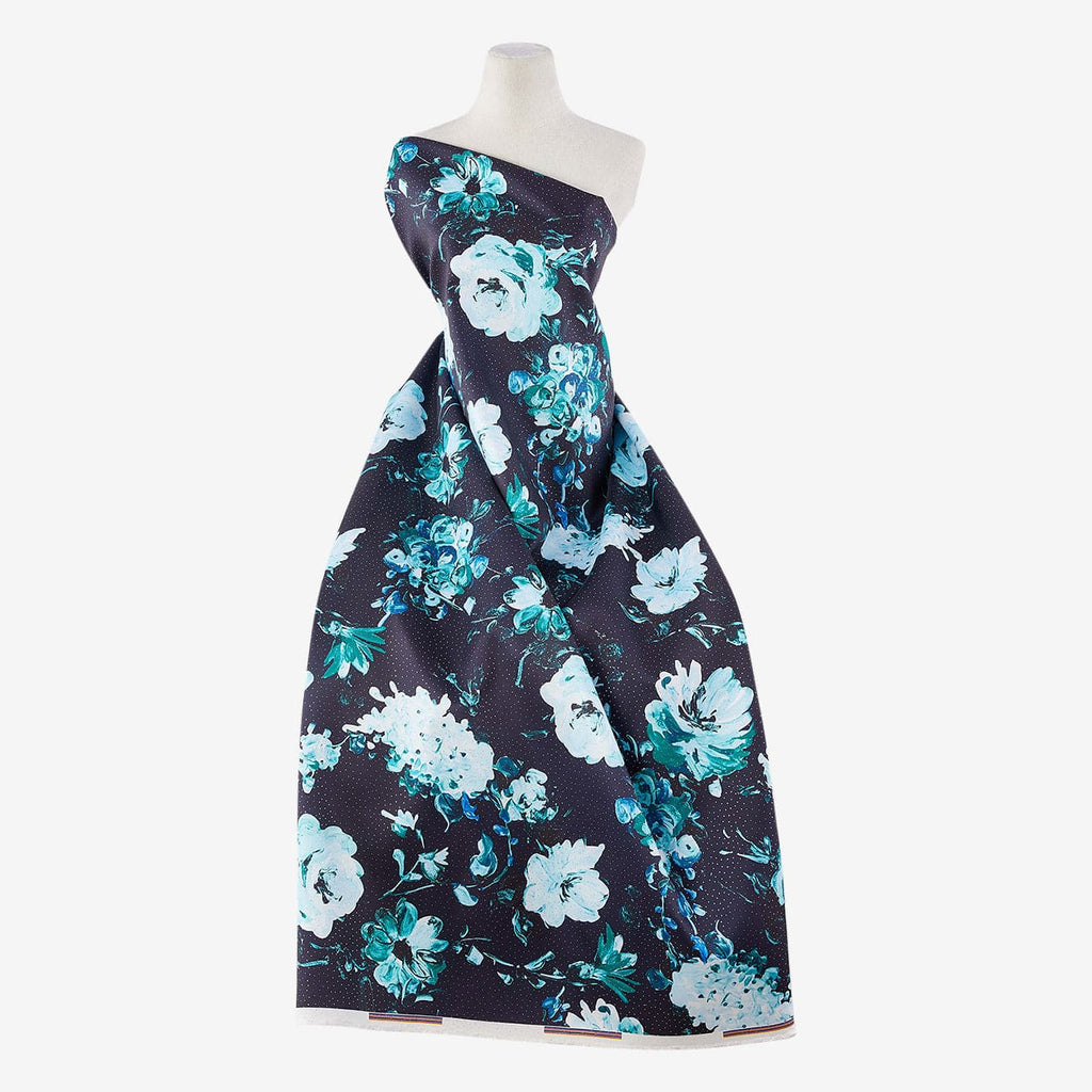 GINA FLORAL PRINT DOT FOIL MIKADO  | 25797FOL-4765DP NAVY JADE - Zelouf Fabrics