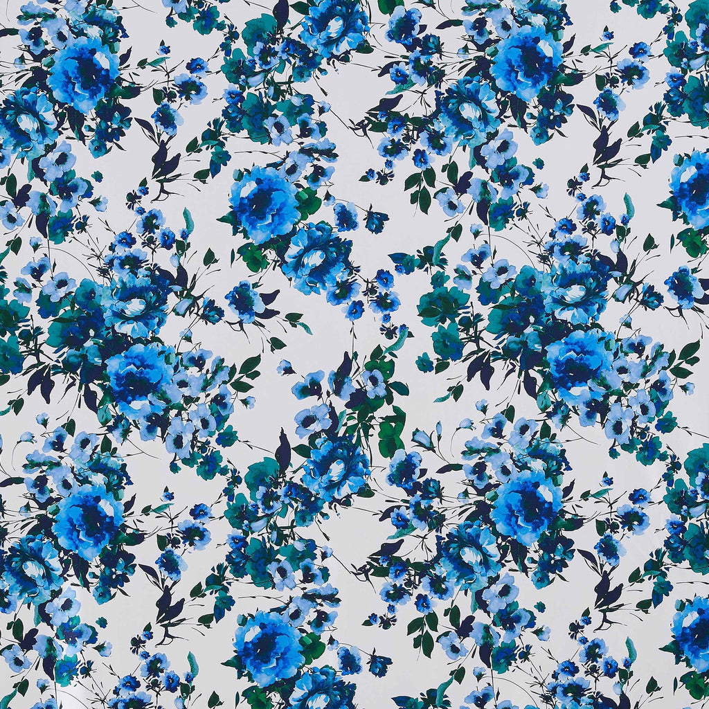 WHITE BLUE | 26006-G47DP - AURA FLORAL PRINT GLAM SATIN - Zelouf Fabrics