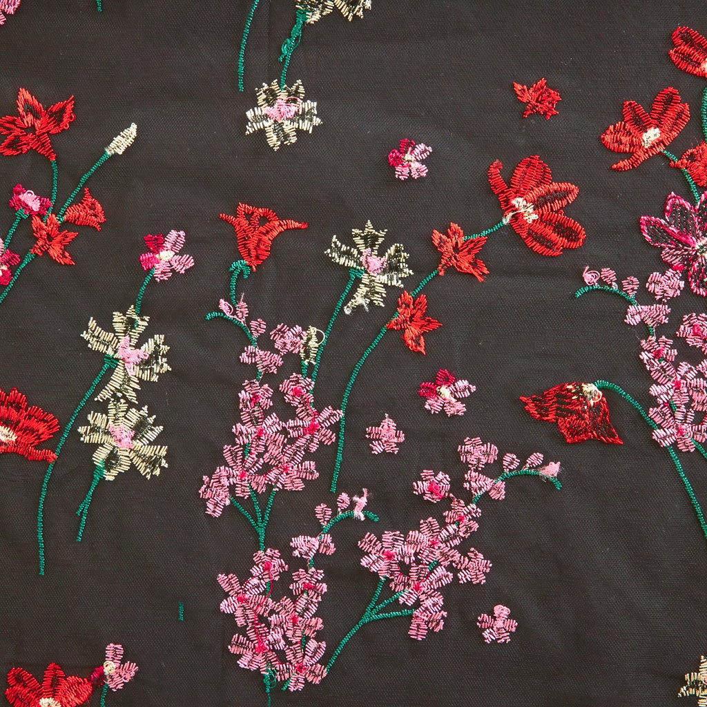 WILDFLOWER EMBROIDERY MESH  | 25762 BLACK/RED - Zelouf Fabrics