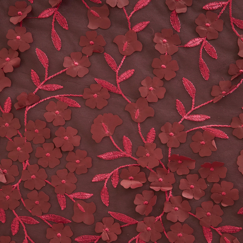 WINE | 24286 - CARYN 3D FLOWER EMBROIDERY ON MESH - Zelouf Fabrics