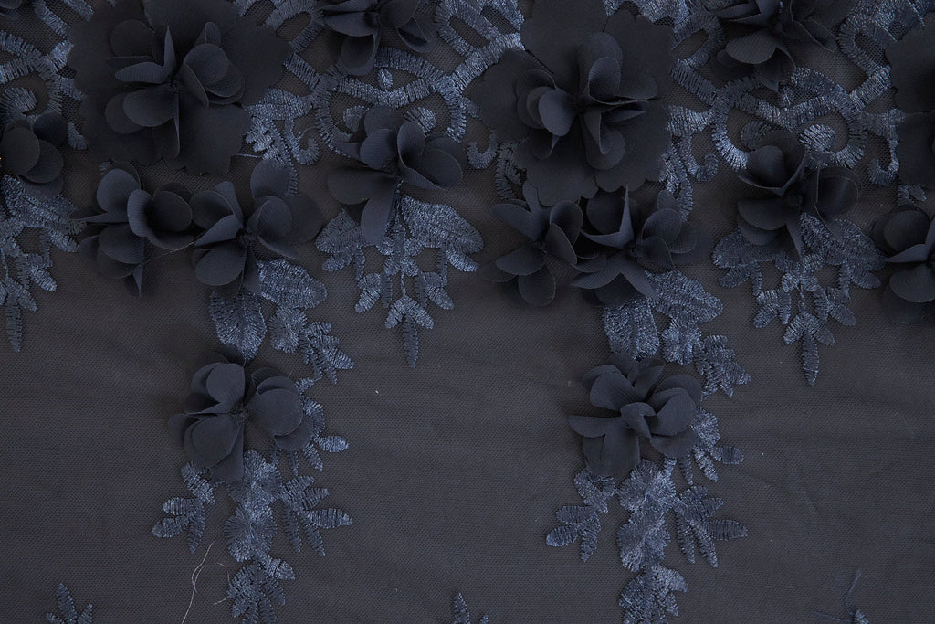 NAVY/NAVY | 26373 - ASHA 3D FLOWER EMBROIDERY MESH - Zelouf Fabrics